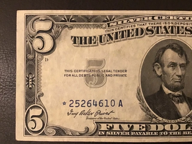 1953 A $5 Star Note Silver Certificate Five Dollar Bill United States currency