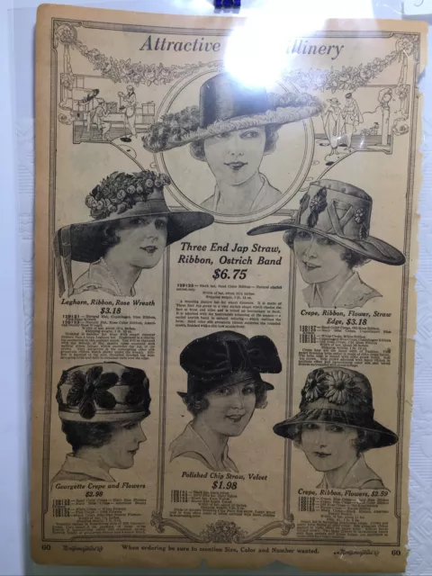 1918 Antique Montgomery Ward Catalog Page Millinery Hats Smocks & Middies
