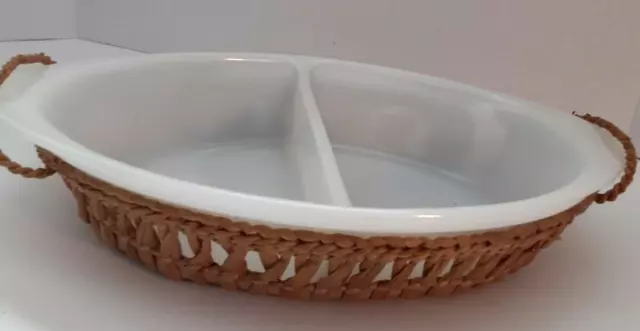 Vintage Glasbake Oval Glass Bowl J239 White Divided Serving Bowl Basket 12" MCM