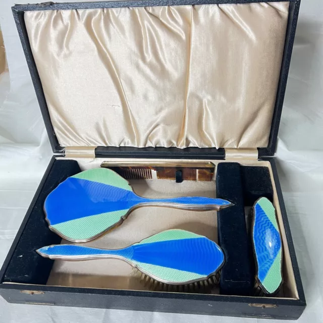 Art Deco Guilloche Enamel Blue & Green Dressing Table Set in Presentation Case