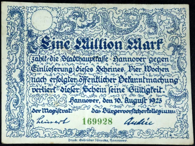 HANNOVER 1923 1 Million Mark Inflation Notgeld Banknote Germany