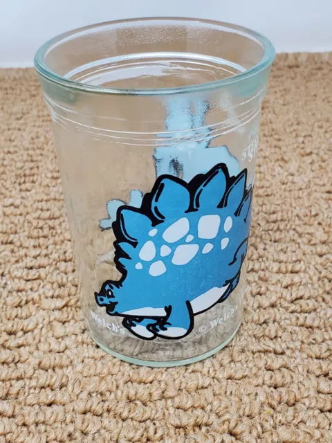 Vintage 1988 Drinking Water Glass Welchs Jelly Jar  Stegosaurus Blue Dinosaur