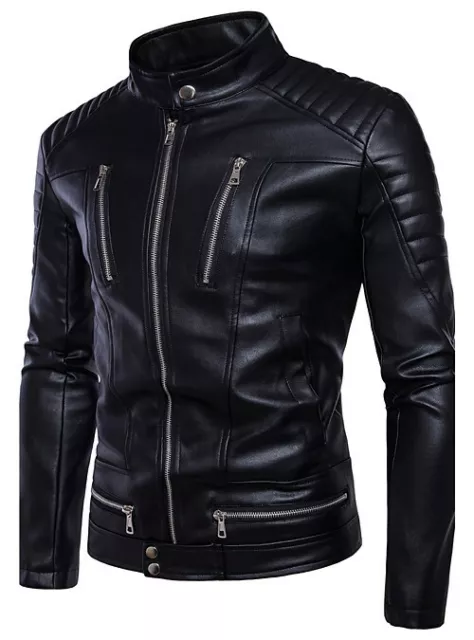 Mens Fall Stand Collar 100% Genuine Leather Jacket Shoulder Quilted Biker Jacket