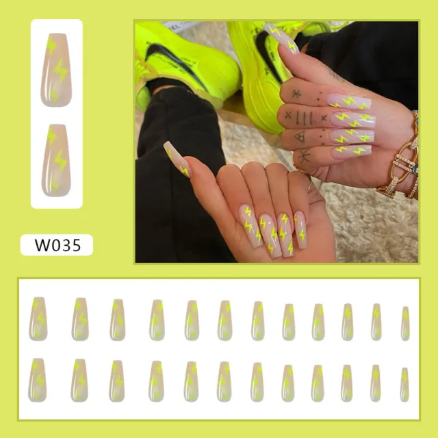 Fluorescent Long Coffin Clear Press On Nails Yellow Lightning Pattern Fake Nails