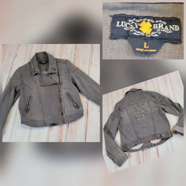 Lucky Brand Junior Kids UNISEX Gray Jean Studded Jacket Zip Up Size L