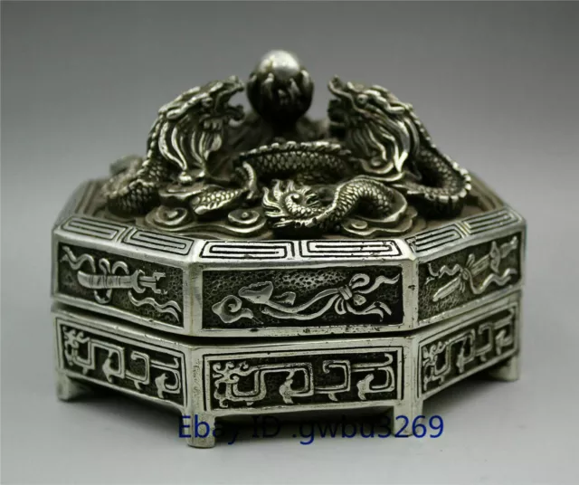 Collection Chinese Old Tibetan Silver Hand Carved Dragon Box w Qianlong Mark Z1
