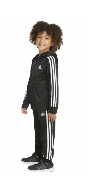 Adidas Little Boys Zip Up Front Tricot Black 2 pc Jacket Pants Set Youth |B17