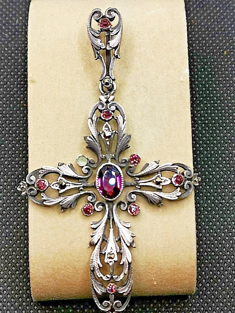 Pendentif Ancien Croix Religieuse En Argent Massif Avec Marcassites Et Améthystes - Bijou Vintage Occasion