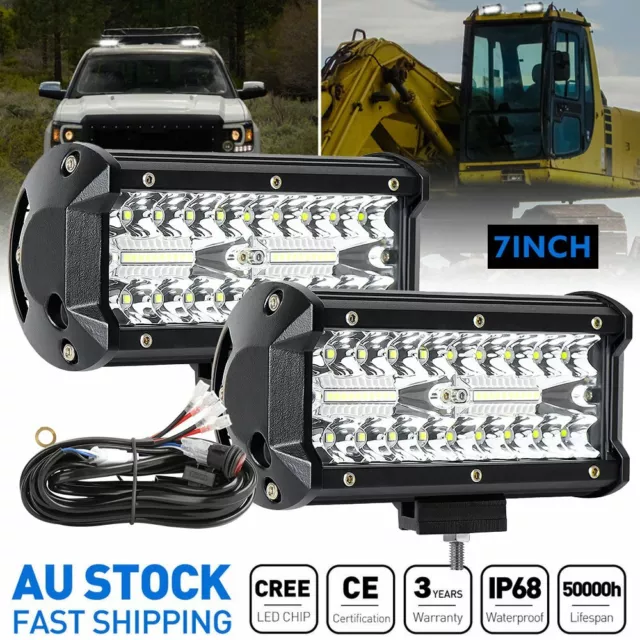 2x 7inch LED Light Bar Flood Spot Offroad Work Driving Car Truck SUV 4WD + Wire