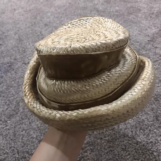 Vintage Junior B Tan Woven Bucket Hat with Velvet Ribbon Detailing