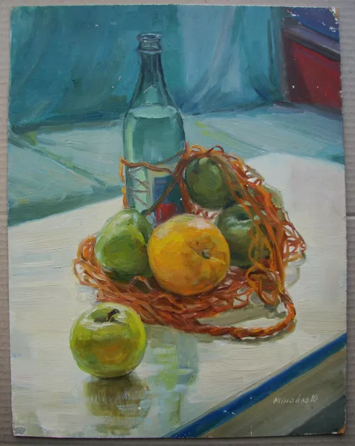 Ukrainian Soviet Oil Painting realism Still Life apple orange bottle