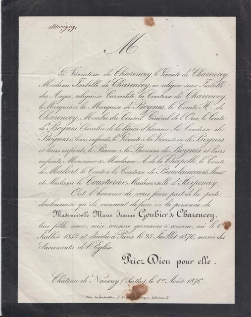 Henri BOULARD MAIRE PARIS FAIRE PART DECES BOULARD DE VAUCELLES DE