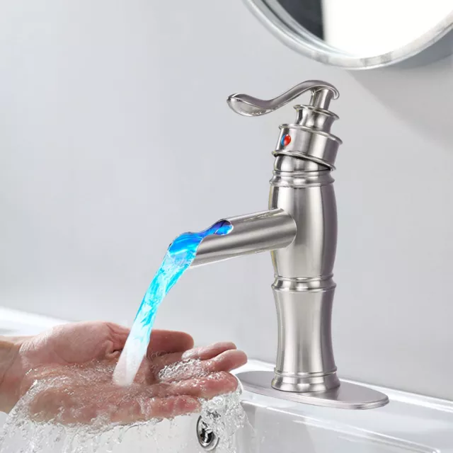 Brushed Nickel Bathroom Sink Faucet LED Waterfall Vanity Mixer Faucet 1 Hole Tap