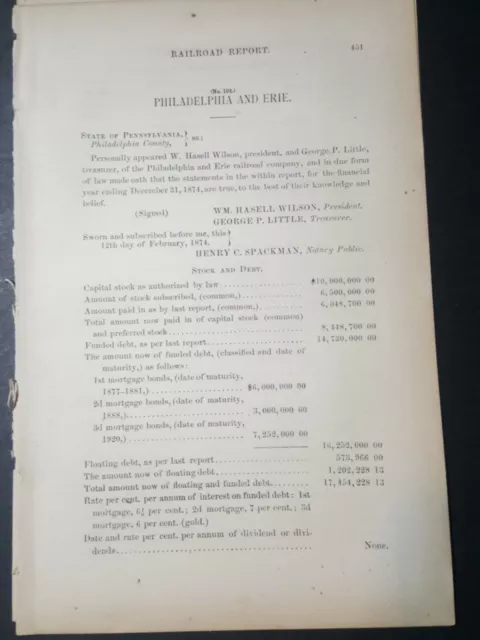 1874 train report PHILADELPHIA & ERIE RAILROAD Sunbury Warren Pennsylvania
