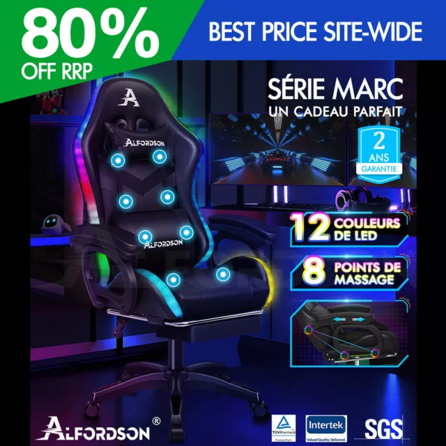 ALFORDSON Chaise Gaming Chaise de Bureau avec LED et Massant 8 Points Noir