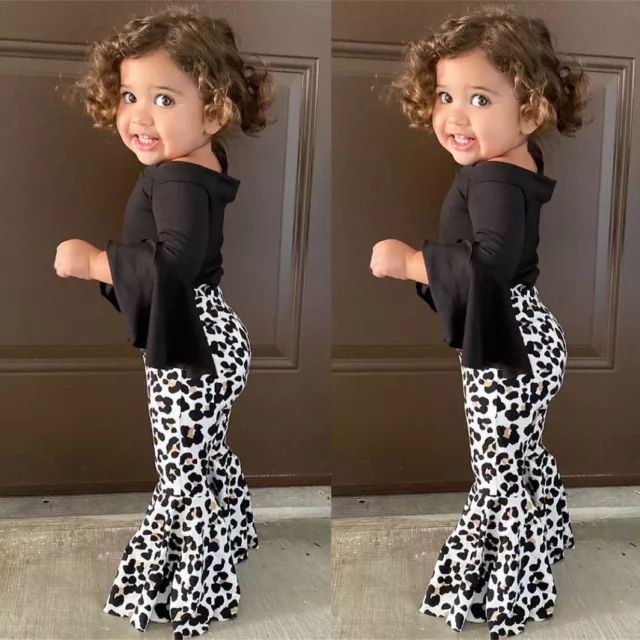Toddler Kids Baby Girls Flared Tops+Leopard Flared Pants Outfits 2PC Clothes Set