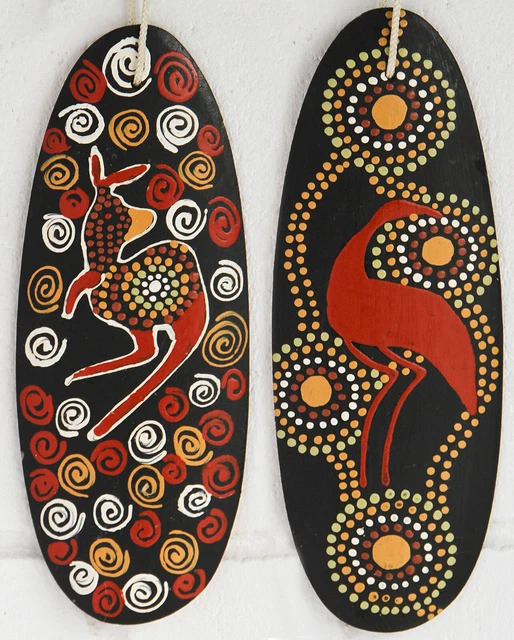Australian Aboriginal Hand Painted Brolgas and Kangaroo (2) Vintage Wood Shields