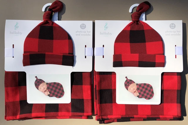 Lot of 2 LULLABY LANE Baby Photo-Op Infant Hat & Swaddle Sets Red & Black Plaid