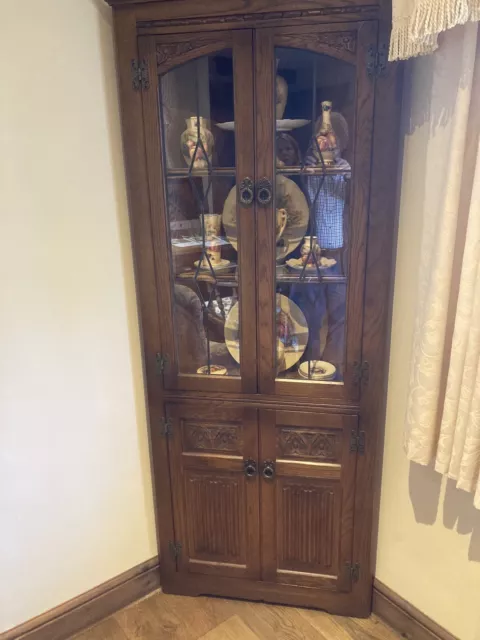 Old Charm Corner Oak Leaded Glass Cabinet Display