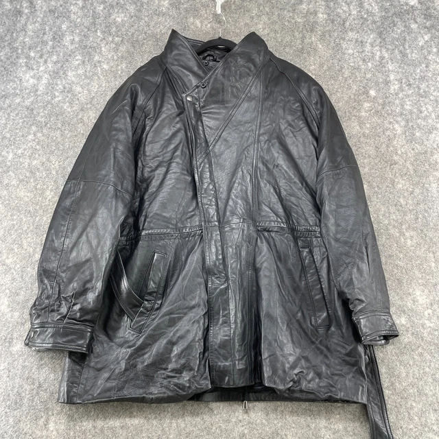 VINTAGE Leeman Leather Jacket Mens XL Black Faux Fur Lined Bomber Belted 90s