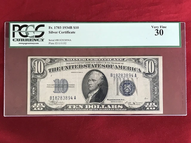FR-1703  1934 B Series **KEY NOTE** $10 Silver Certificate *PCGS 30 Very Fine*