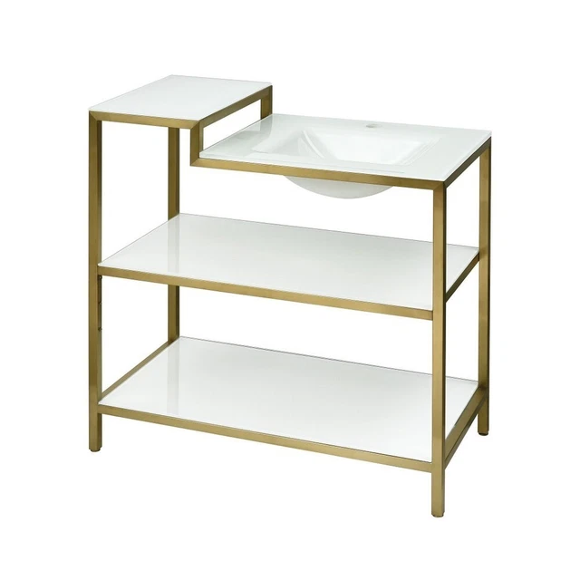 34 Inch Vanity Console with Sink and Shelves-Satin Gold Finish - Furniture -
