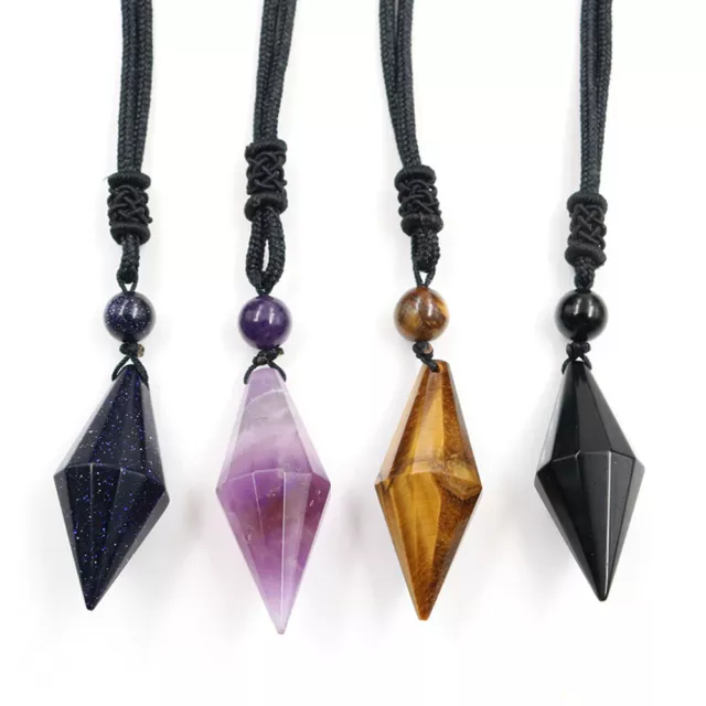 Natural Gemstone Beads Crystal Healing Cone Hexagonal Point Pendant Necklace