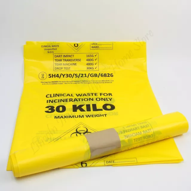 Large and Strong Yellow Clinical Waste Bags. 30 KG Biohazard Sacks - Qty 20