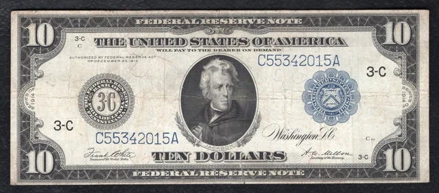 FR. 915c 1914 $10 TEN DOLLARS FRN FEDERAL RESERVE NOTE PHILADELPHIA, PA VF