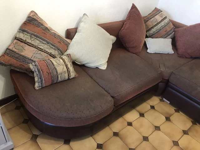 Canapé D'angle Vintage Roche Bobois – Tissu Jaune Safran à Motifs – Années 70 – Occasion