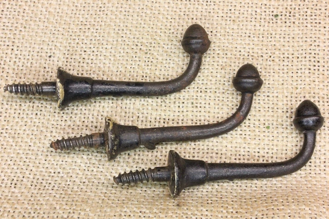 3 Old Single Coat Hooks Farm School House Acorn End Black Paint Vintage 1850’s
