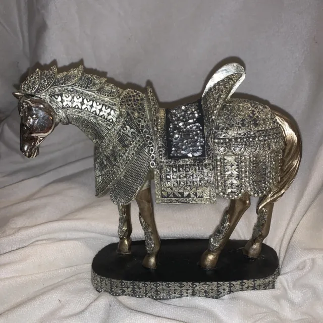 Metallic silver mirror look Knights horse with Armor  glass joust saddle As is