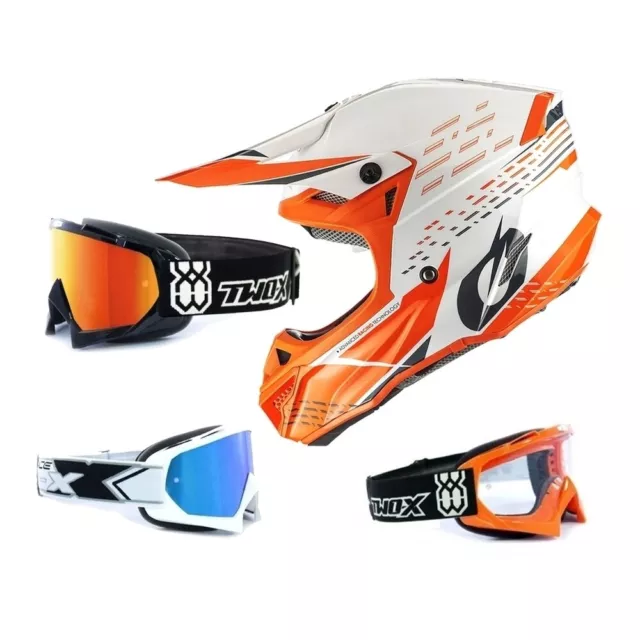 Casque Motocross Avec Lunettes Oneal 5Series MX Cross Trace Blanc Orange TWO-X