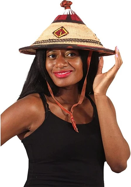 Vintage West African Africa Fulani Handmade Woven Straw Hat Leather Trim ethnic