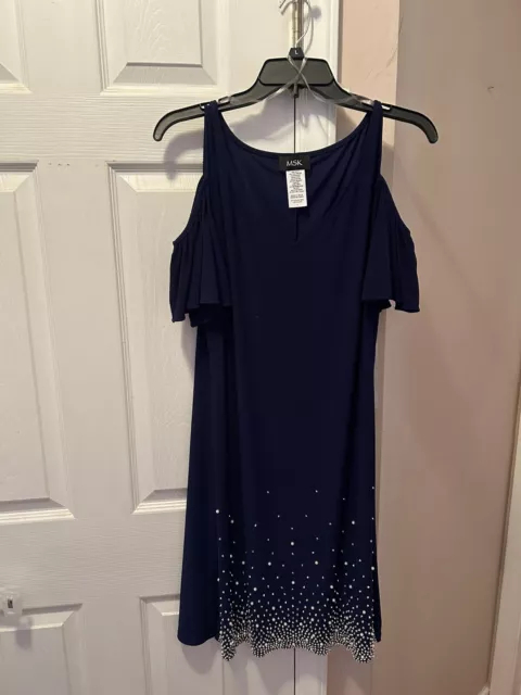 MSK Womens Midnight Blue V-Neck Cold Shoulder Sheath A-line Dress Size L NEW!$90