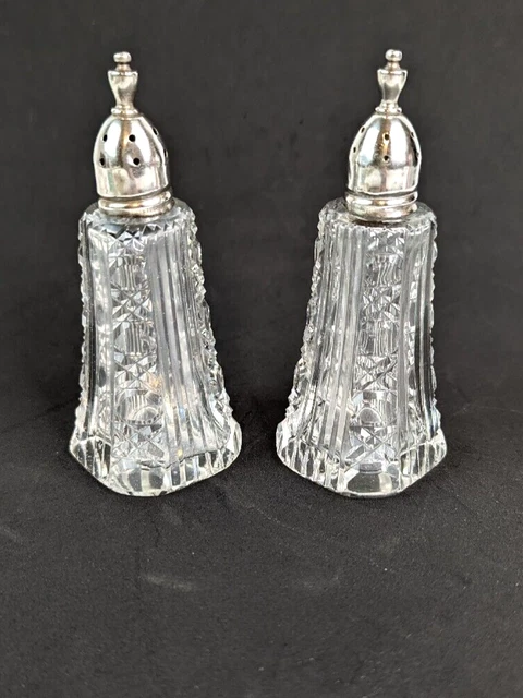 Antique Cut Crystal Salt and Pepper Shakers With Sterling Silver Lids Tops