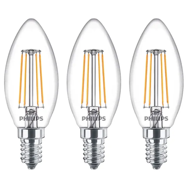 3 x Philips LED Filament Lampen Kerzen 4,3W = 40W E14 klar 470lm warmweiß 2700K