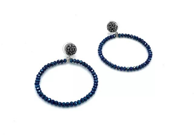 JK NY Faceted Metallic Blue Bead Hoop Drop Pave Earrings