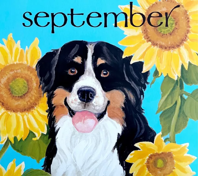 Bernese Mountain Dog Sunflower September Poster Calendar 14 x 11" Art DWDDCal