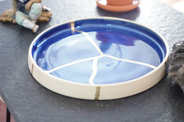 18K Gold Kintsugi Plate Japanese Ceramic Kintsugi Handmade Dish - Deep Blue 3