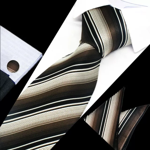 Classic Mens Brown Black Stripe Silk Tie Handkerchief Hanky Cufflinks GIFT SET