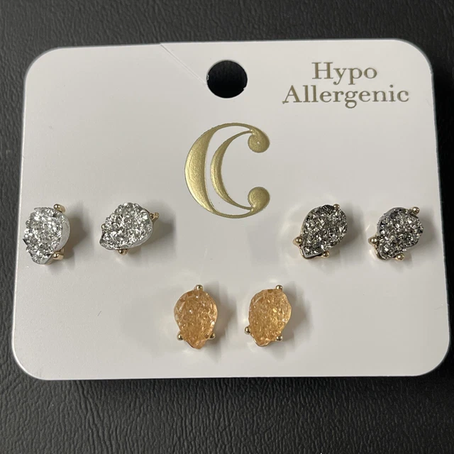 Charming Charlie Silver Black Peach Stone Gold Earrings