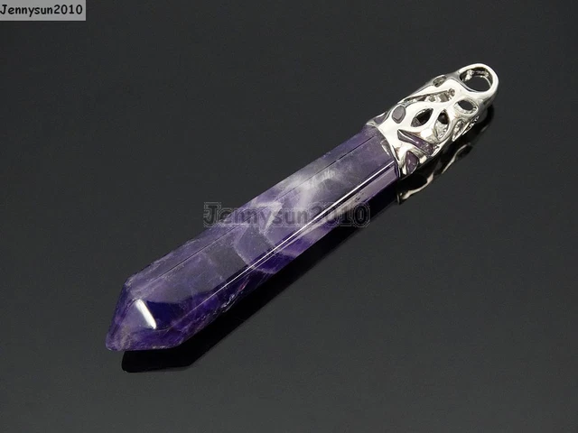 Natural Gemstone Long Hexagonal Pointed Reiki Chakra Pendant Charm Silver Plated