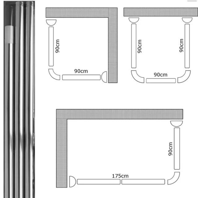 Chrome U & L Shape Shower Curtain Rail Corner Pole Bath 3 Way Rod