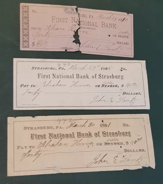LOT 1890 antique 3 BANK CHECKS strasburg pa JOHN LANTZ signed ABRAHAM HOOVER