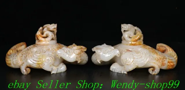 Old Dynasty Natural Hetian Jade Carve Dragon Phoenix Incense Burner Censer Pair