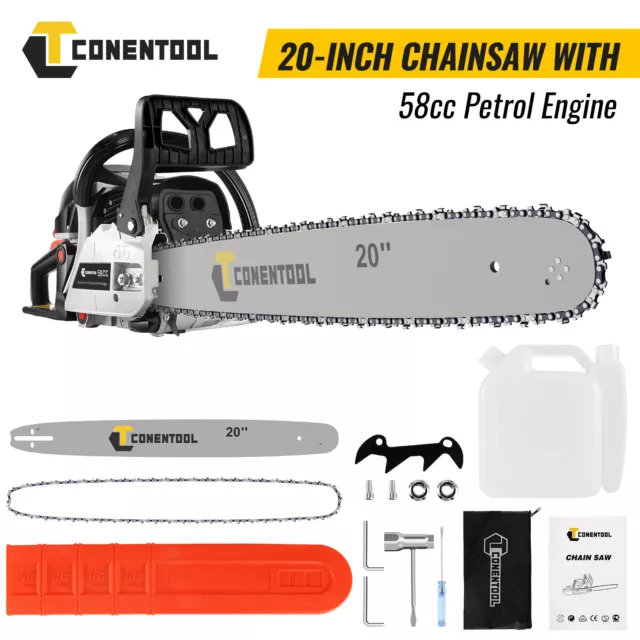 CONENTOOL 58cc Heavy Duty Petrol Chainsaw 20" Bar Cuttter 2-Stroke Easy-starting