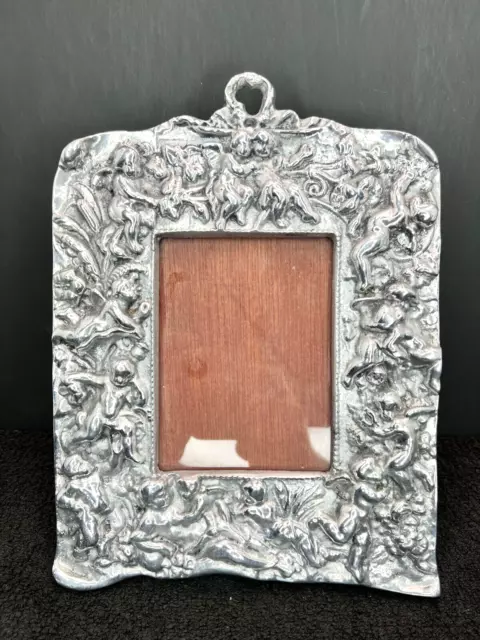 Antique Cast Aluminum Picture Frame with Cherubs & Floral Motif - 10 x 7.5