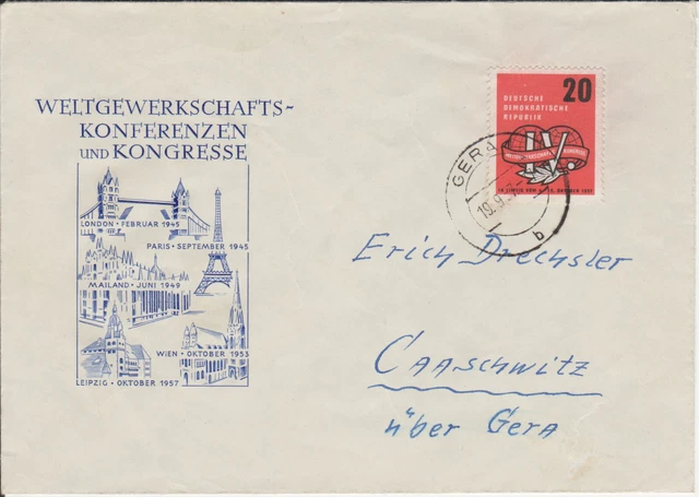 EF 595 Weltgewerkschaftskongress als Bedarfsbrief Gera auf illustr. FDC-Kuvert