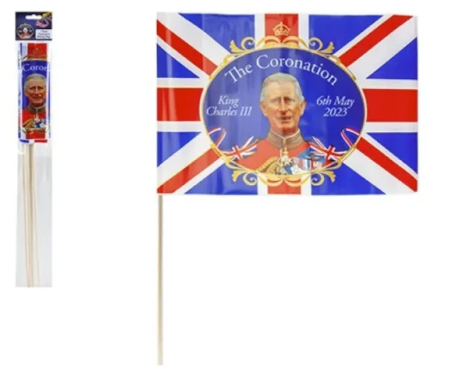 King Charles III Coronation British Union Jack Fabric Hand Waving Flags Pk 4